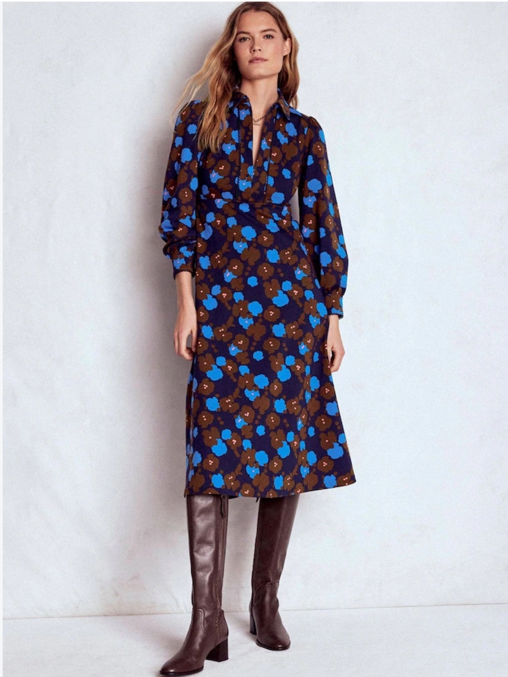 EUC Boden Pip Zip-Up Blue and Brown Floral-Print Ponte Midi Dress